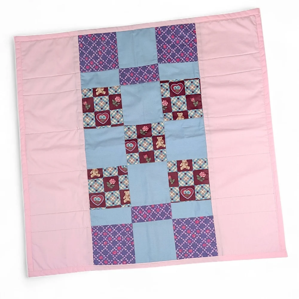 Handmade Vintage Baby Quilt Cotton Crib Blanket Pink Blue Square Patchwork Bears